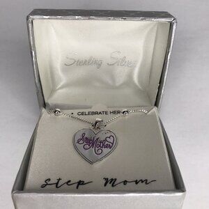 Stepmom Stepmother Heart Pendant Necklace Sterling Sliver Purple 16 or 20" Gift